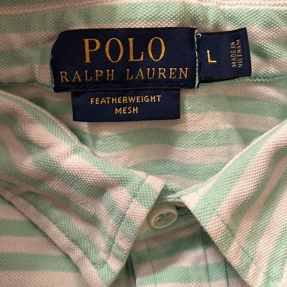 Polo Ralph Lauren Mens Featherweight Mesh Green/White Striped Polo Sz L EUC - Picture 4 of 8